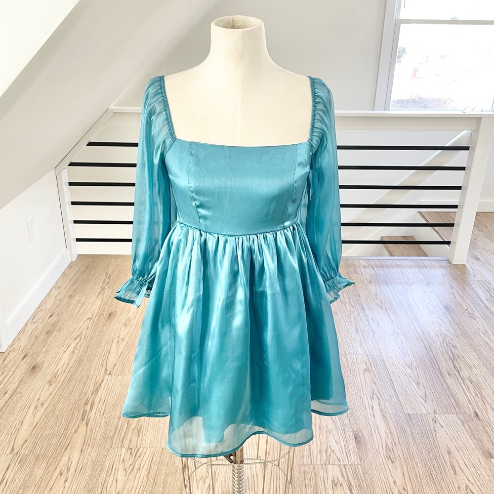 M L metallic teal blue, baby doll mini dress